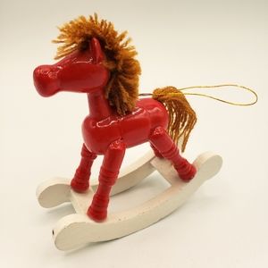 Vintage Taiwan Wooden Rocking Horse Ornament Yarn Mane Red White 3 3/4" Tall.